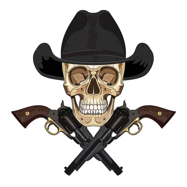 Totenkopf Mit Cowboyhut Und Zwei Gekreuzten Pistolen Isoliert Auf Weiß — Stockvektor