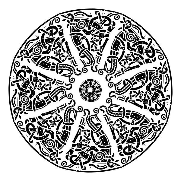 Ornamento Escandinavo Antigo Escudo Viking Isolado Branco Ilustração Vetorial — Vetor de Stock
