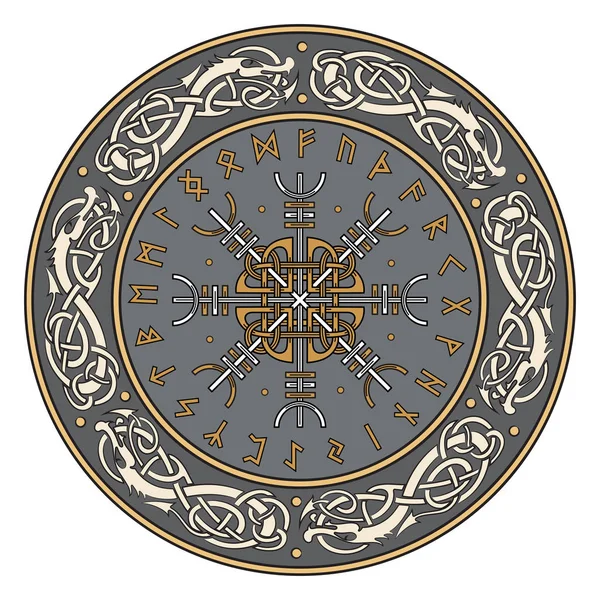 Viking Shield Dekorerad Med Ett Skandinaviskt Mönster Drakar Och Aegishjalmur — Stock vektor