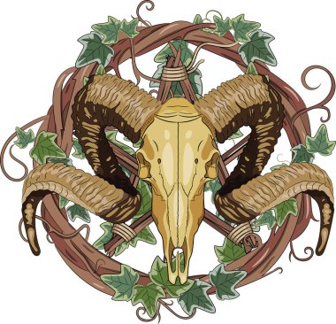 Koç bighorn kafatası ve pentagram