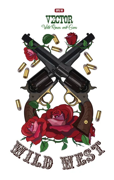 Dos armas de vaquero cruzadas, diseño cubierto de rosa — Archivo Imágenes Vectoriales