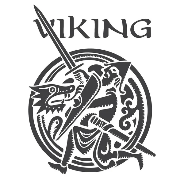 Vikingadesign. Vikingakrigare slåss mot Draken. Antik skandinavisk illustration — Stock vektor