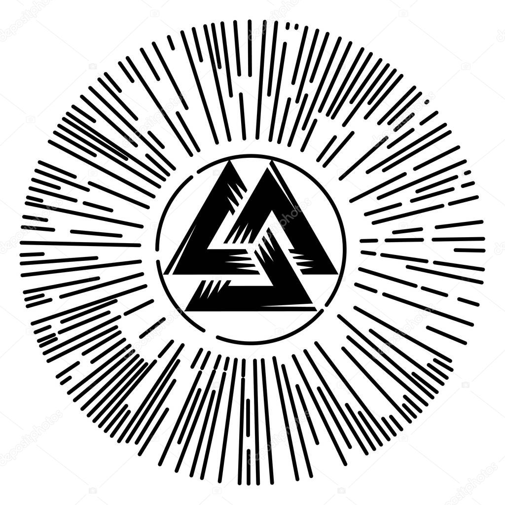 Valknut, sign of God Odin. Odins sign inscribed in the sun with rays
