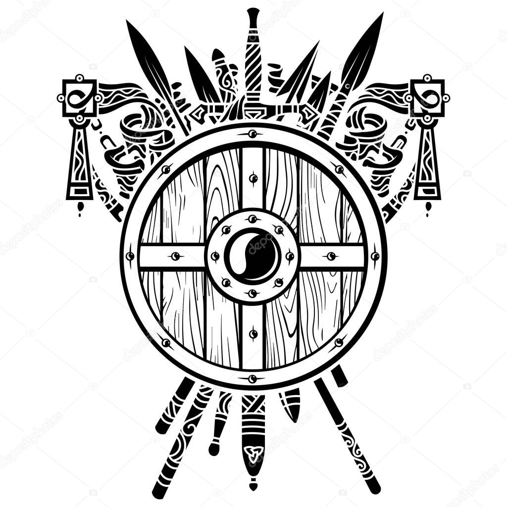 Viking design. Viking shield and swords. Set of medieval weapons, swords and spears of warriors