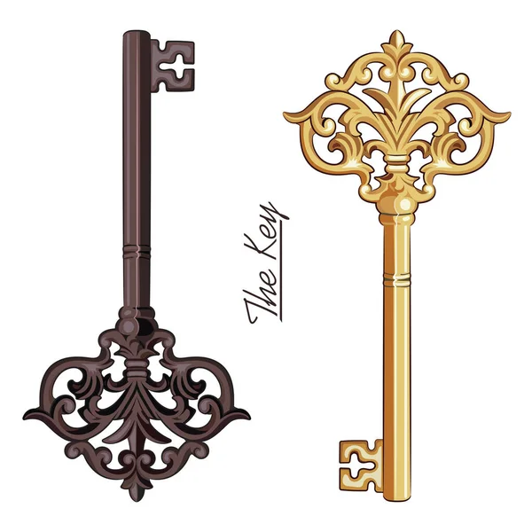 Декоративные средневековые винтажные ключи с викторианскими листьями, старинные ключи ручной работы — стоковый вектор