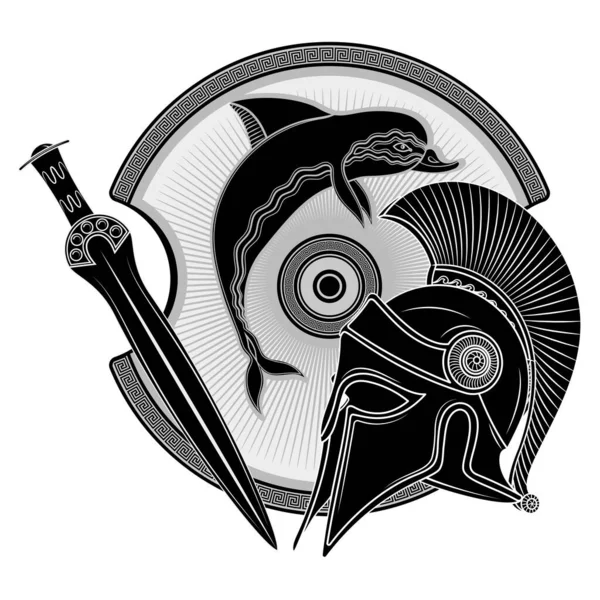 Capacete helênico antigo, escudo grego antigo, a imagem de um golfinho e meandro ornamento grego —  Vetores de Stock