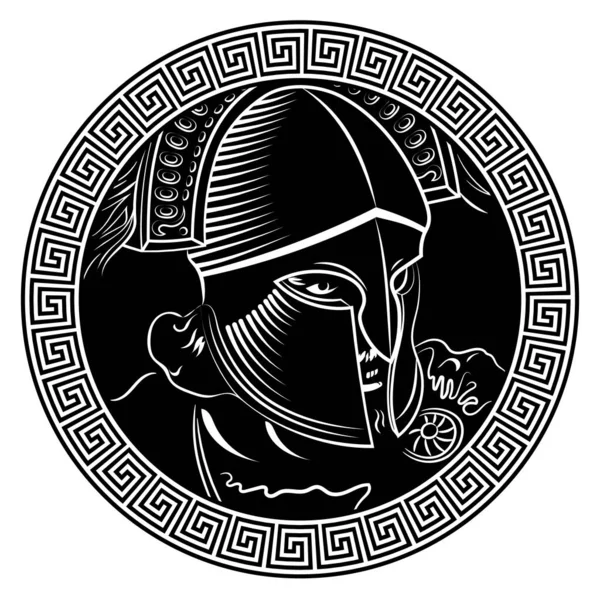 Starożytny Spartan wojownik, hełm i grecka ozdoba meander — Wektor stockowy
