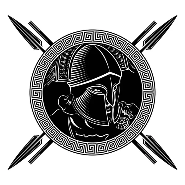Guerreiro espartano antigo, capacete, meandro ornamento grego e lanças —  Vetores de Stock