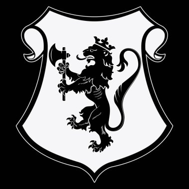 Hanedan arması. Heraldik aslan silueti, kraliyet kalkanı ve ön pençelerinde balta tutan bir aslan.