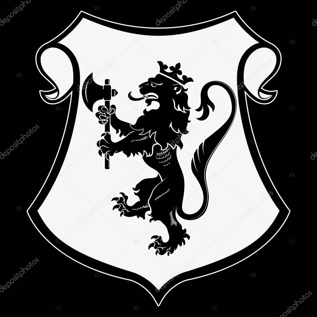 Heraldic coat of arms. Heraldic lion silhouette, heraldic shield with a crowned lion holding an axe in its front paws, isolated on black, vector illustration