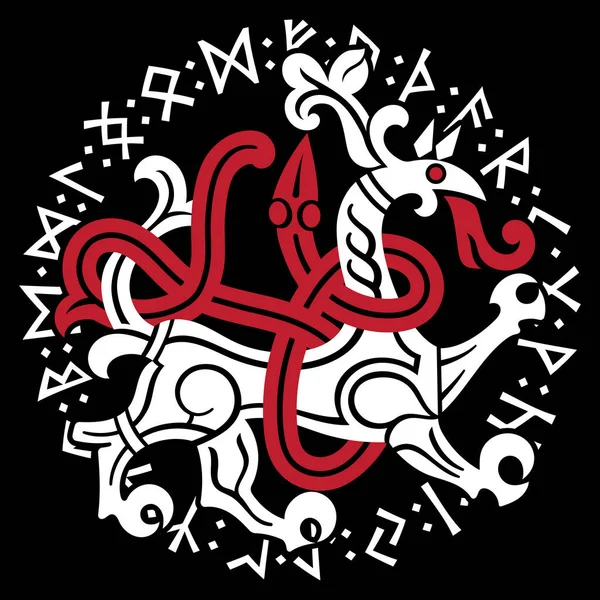 Desenho nórdico antigo. Dragão em um círculo de antigas runas escandinavas — Vetor de Stock