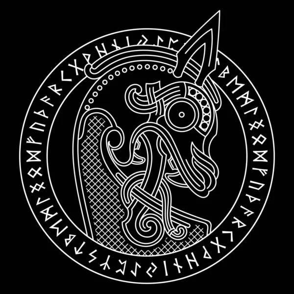 Design scandinavo. La figura nasale della nave vichinga Drakkar sotto forma di un dragone e cerchio runico — Vettoriale Stock