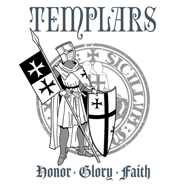 Design chevalier. Templier en armure avec lance, bouclier, drapeau et sceau de chevalier médiéval — Image vectorielle
