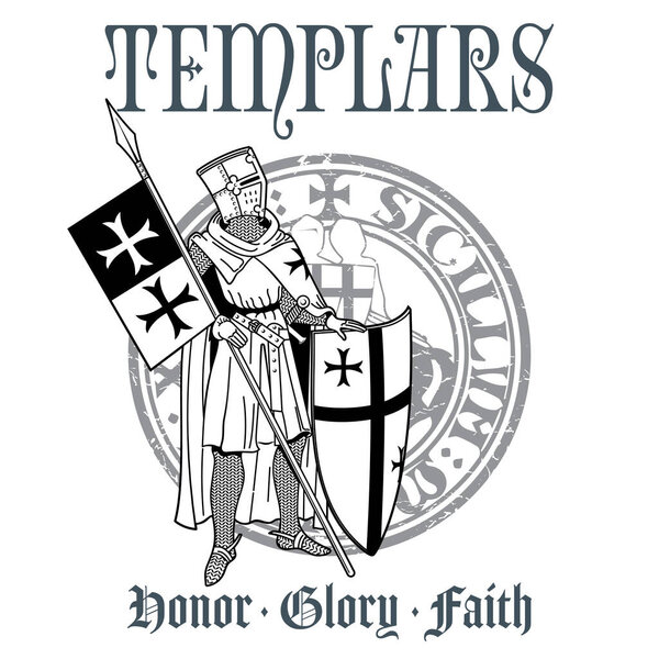 Knightly design. Knight Templar in armor with a spear, shield, flag and medieval knight seal