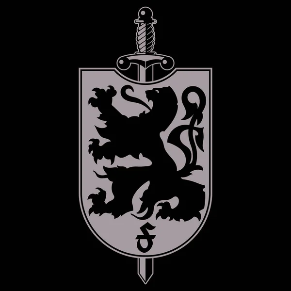 Heraldikai címer. Heraldikai oroszlán sziluett, heraldikai pajzs oroszlánnal és karddal — Stock Vector
