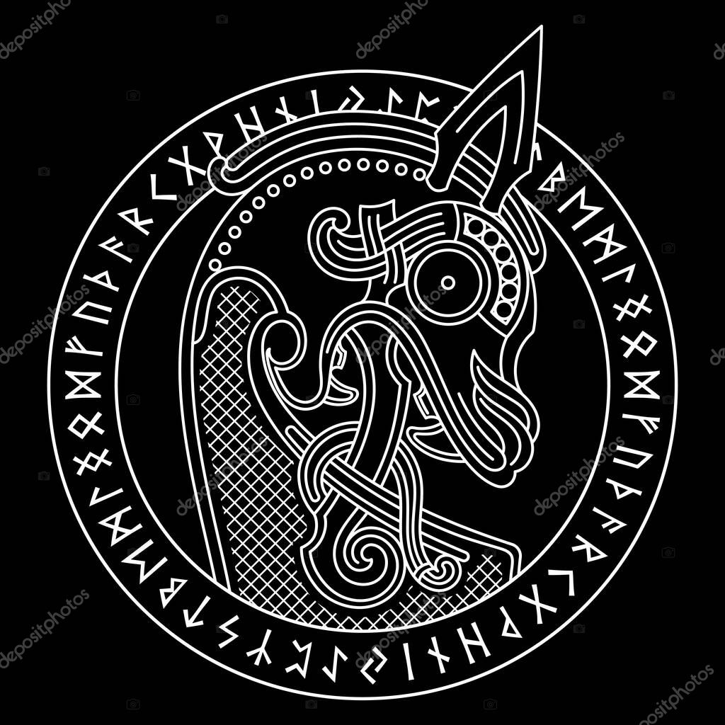 Scandinavian design. The nasal figure of the Viking ship Drakkar in the form of a dragon and runic circle, isolated on black, vector illustration