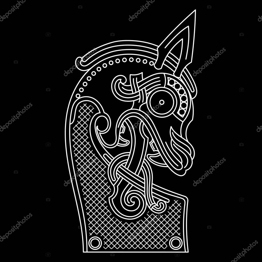 Scandinavian design. The nasal figure of the Viking ship Drakkar in the form of a dragon, isolated on black, vector illustration