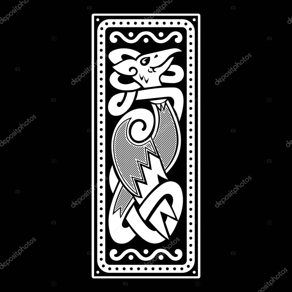 The Phoenix bird. Illustration in the Scandinavian Celtic style isolated on white, vector illustration