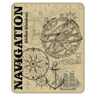 Navigasyon denizcilik vektör tasarımı. Deniz tasarımı. Donanma çizimi. Okyanus duvar kağıdı. Yelkenli, çapa, direksiyon, deniz halatı düğümü, klasik deniz pusulası ve Armillary Küresi.