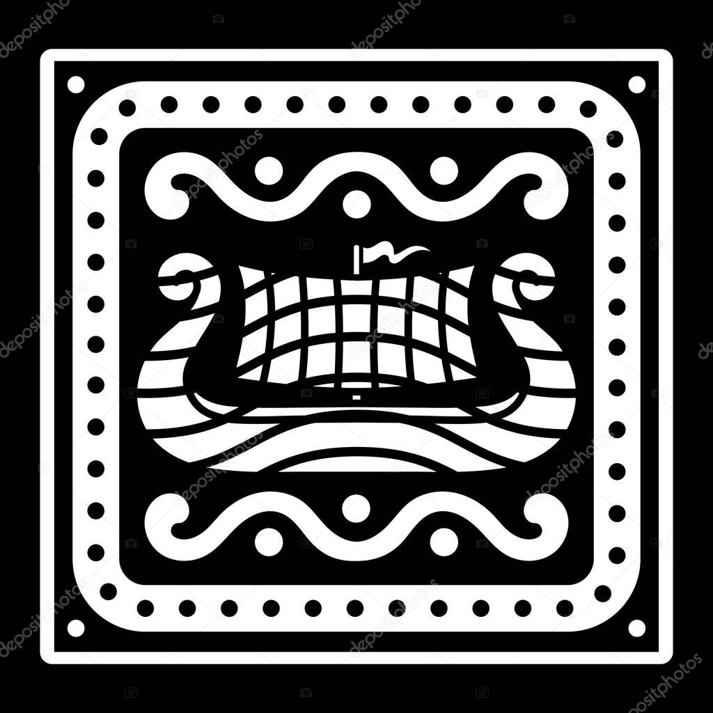 An ancient Scandinavian image of a Viking ship and celtic pattern. Drakkar logo, isolated on white, vector illustration