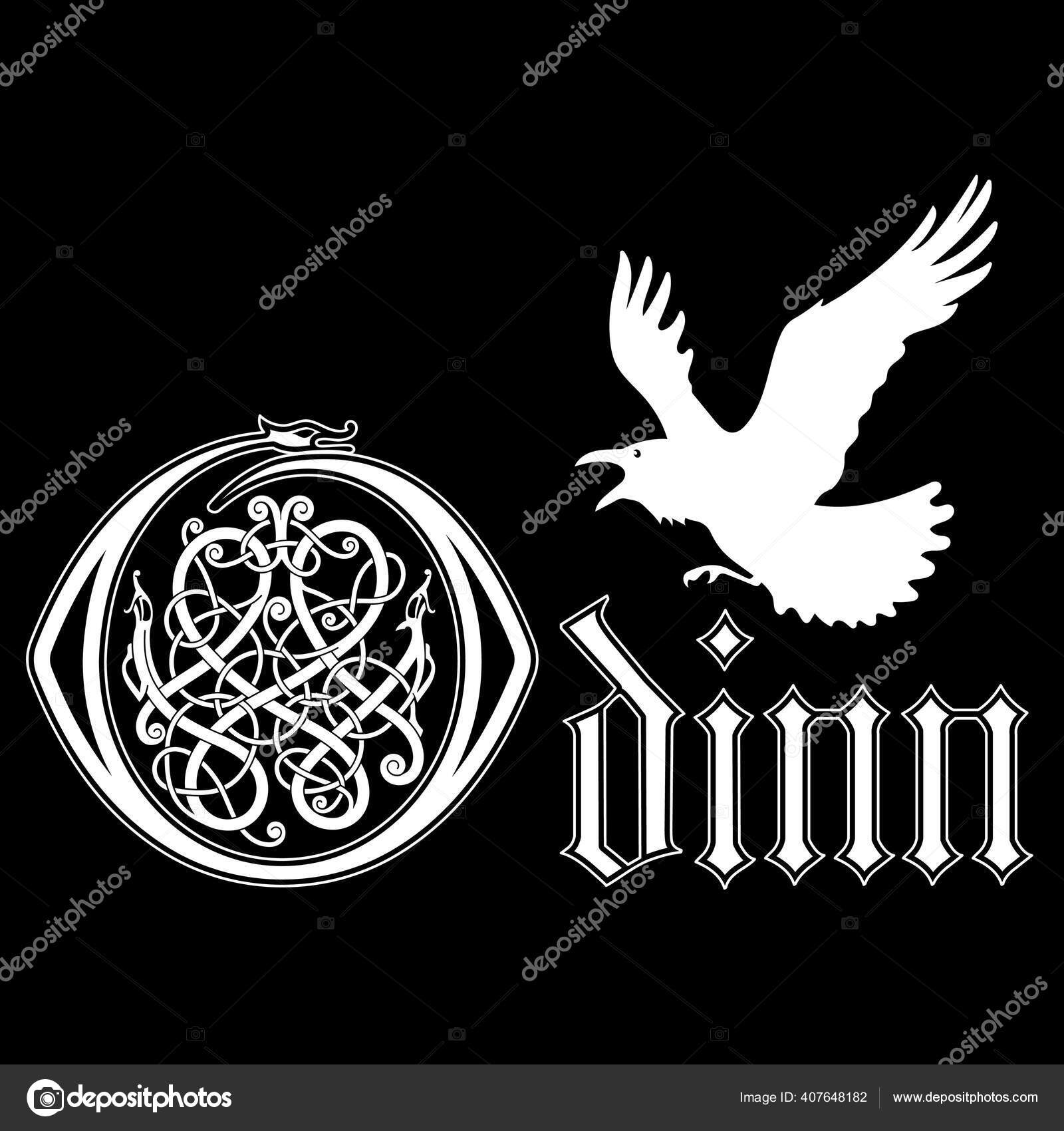 Estilizado sob a inscrição nórdica antiga Odin, o Deus supremo escandinavo  antigo e o Corvo voador Vetor de ©Bourbon-88 407648182, image size:1600x1700