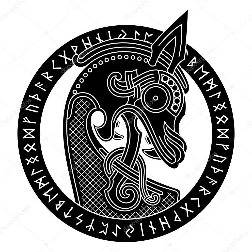 Scandinavian design. Dragon head. The bow figure of the Viking ship Drakkar and runic circle, isolated on white, vector illustration