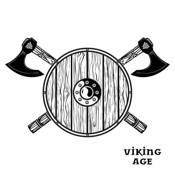 Twee gekruiste Vikingbijlen en vikingschild. — Stockvector