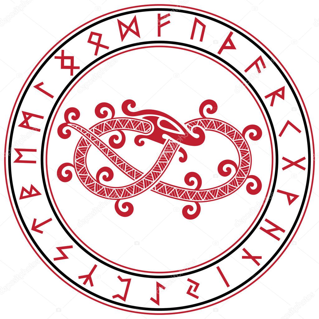 Scandinavian design. The mythical serpent Jormungand and a circle of ancient Scandinavian rune symbols, isolated on white, vector illustration