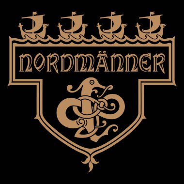 Eski İskandinav tasarımı. İskandinav tarzı çerçeveler. Drakkarlar denizde yüzer, Ejderha ve Alman Nordstyle-Northern insanının yazıtı..