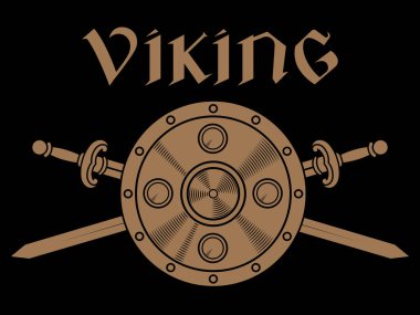 Old Norse, Viking design. Two crossed battle Viking swords, and viking shield clipart