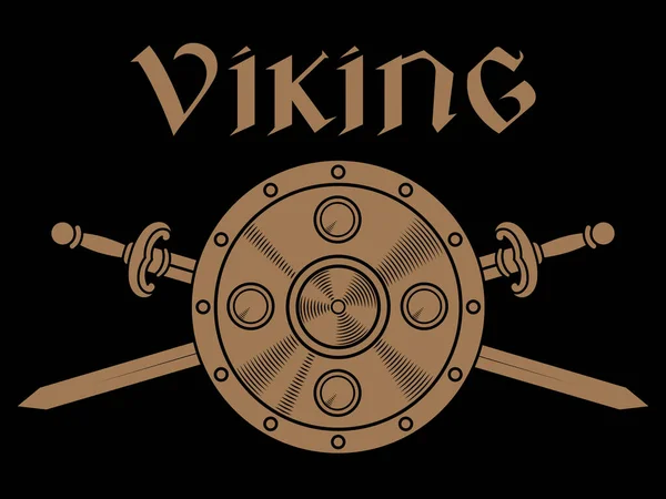 Norrønt, vikingaktig design. To kryssede vikingsverd og vikingskjold – stockvektor