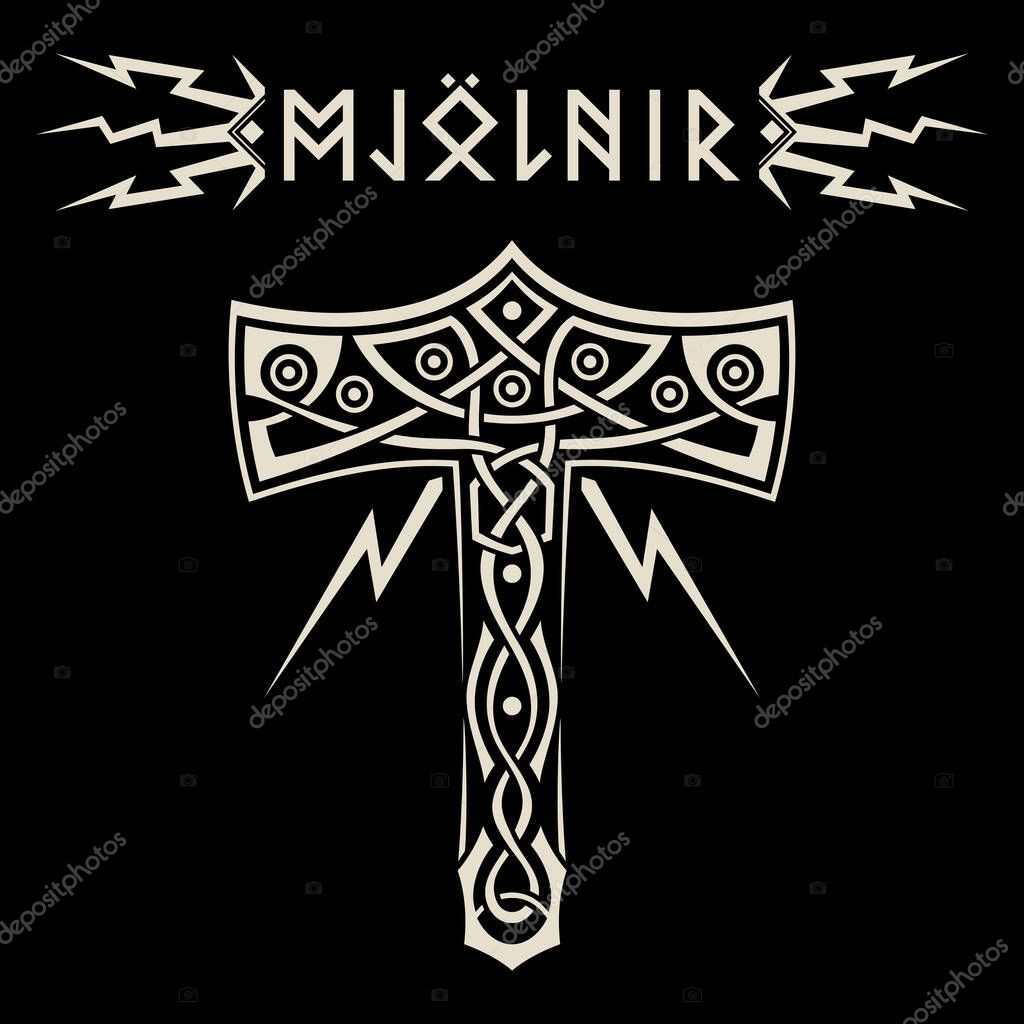 Scandinavian design. Thors hammer - Mjolnir and Norse runes, vector illustration
