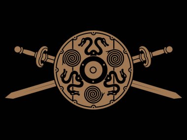 Eski Norveççe, Viking tasarımı. İki çapraz savaş Viking kılıcı ve Viking kalkanı.