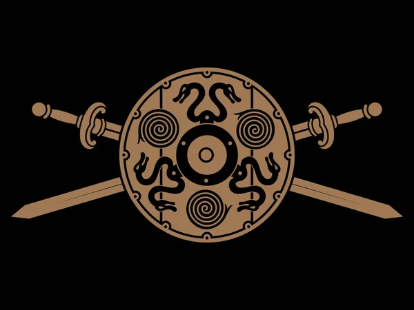 Antiguo nórdico, diseño vikingo. Dos espadas vikingas de batalla cruzadas, y escudo vikingo — Archivo Imágenes Vectoriales