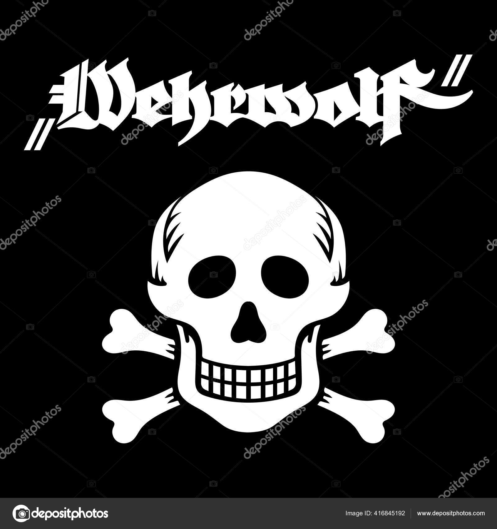 骷髅和骨头以及德语的狼人-狼人英语的题词。德国在第一次世界大战和第二次世界大战中的军事标志图库矢量图©Bourbon-88 416845192, image size:1600x1700