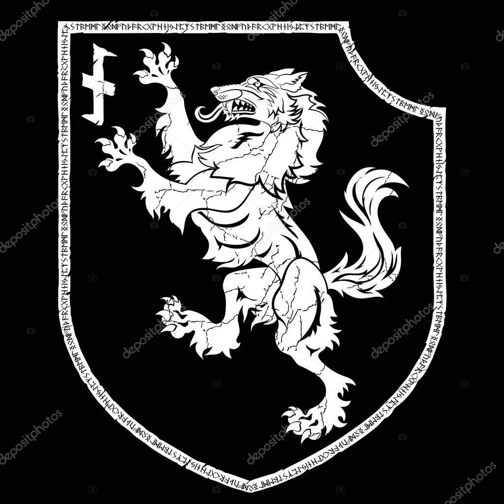 Design patch. Heraldic shield with a Werewolf and rune Wolfsangel