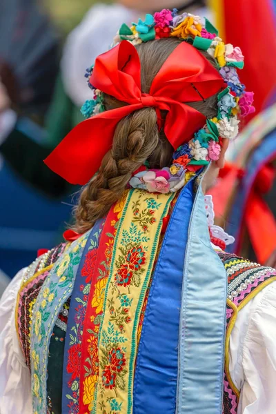 Detalhe Traje Popular Polonês Para Mulher Com Bordados Multicoloridos — Fotografia de Stock