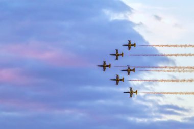 Timisoara, Romanya - 23 Haziran 2018: Savaş uçağı yerel bir havada uluslararası havaalanında Timisoara organize göster. Baltık arılar takım.