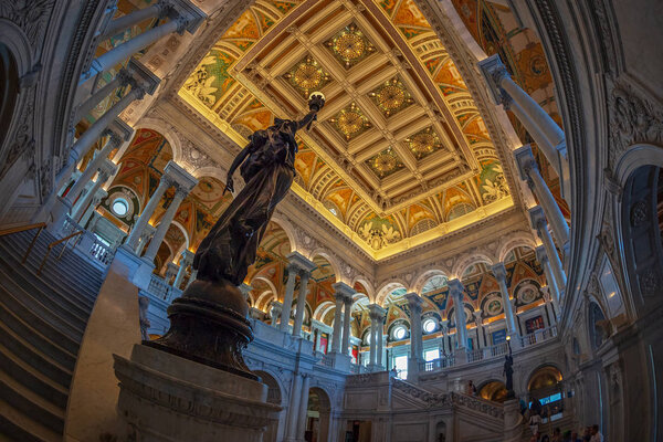WASHINGTON DC, USA - SEPTEMBER 4, 2018: Interior of Library of Congress in the Great Hall of the Jefferson Building with architectual and decorative features.