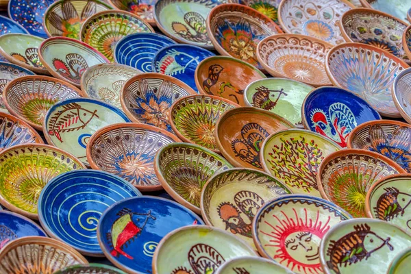 Background Romanian Traditional Ceramic Plates Form Painted Specific Patterns Horezu — Stock Photo, Image