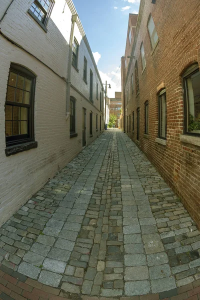 Small street with facades of typical buildings in Georgetown, the historical district in Washington DC.