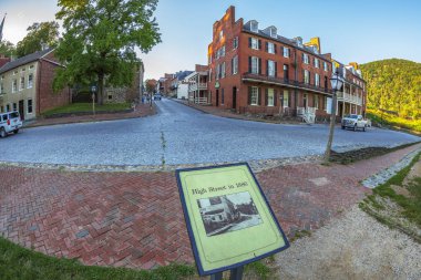 HARPERS FERRY, WEST VIRGINIA, USA-SEPTEMBER 3, 2018: A historic town in Jefferson County at the confluence of the Potomac and Shenandoah rivers.Known for John Brown's raid in 1859.Historic buildings. clipart