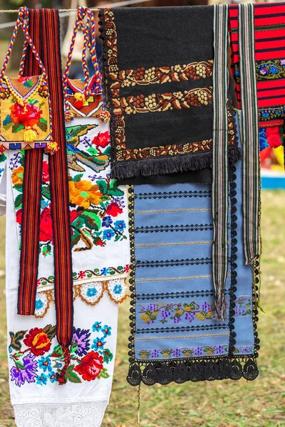 Background Traditional Bags Belts Material Embroidered Decorated Specific Patterns Bistrita — Stock Photo, Image