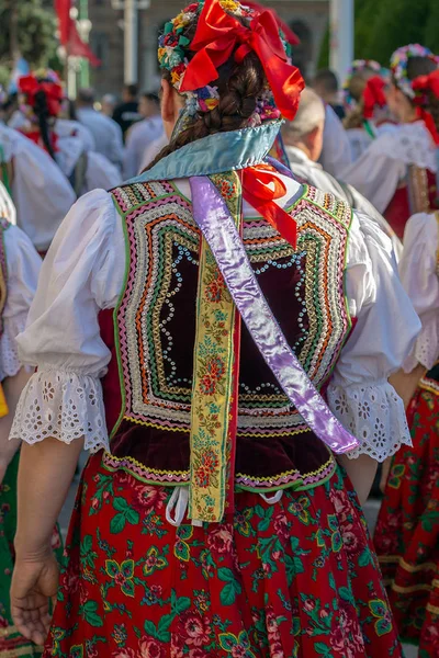 Detalhe Traje Popular Polonês Para Mulher Com Bordados Multicoloridos — Fotografia de Stock