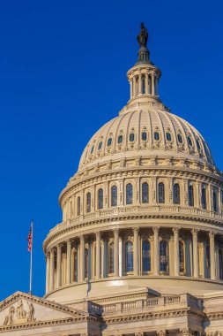 Kubbe ABD Capitol bina Washington DC, Kongre için buluşma yeri ve federal hükümetin yasama organı koltuğunda. Bayrağı önünde ve kadar özgürlük heykeli.