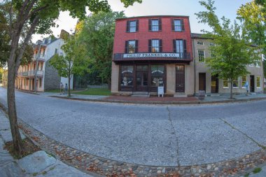 HARPERS FERRY, WEST VIRGINIA, USA-SEPTEMBER 3, 2018: A historic town in Jefferson County at the confluence of the Potomac and Shenandoah rivers.Known for John Brown's raid in 1859.Historic buildings. clipart