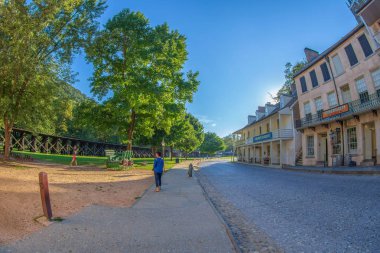 HARPERS FERRY, WEST VIRGINIA, USA-SEPTEMBER 3, 2018: A historic town in Jefferson County at the confluence of the Potomac and Shenandoah rivers.Known for John Brown's raid in 1859.Historic buildings. clipart