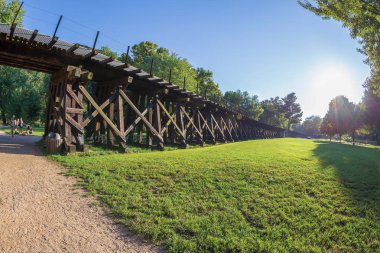 HARPERS FERRY, WEST VIRGINIA, USA-SEPTEMBER 3, 2018: A historic town in Jefferson County at the confluence of the Potomac and Shenandoah rivers.Known for John Brown's raid in 1859. Old railroad. clipart