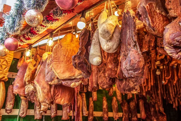 Verschillende Soorten Roemeense Worst Gerookte Gedroogde Blootgesteld Koop Een Traditionele — Stockfoto