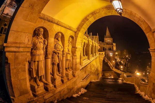 South Gate Famous Fisherman Bastion Budapest Hungary Winter Night Designed — Stock Photo, Image